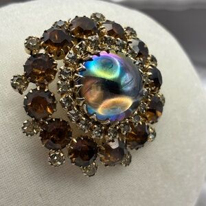 Vintage 1950s Domed Iridescent Saphiret-Style & Smoky Topaz Brooch -